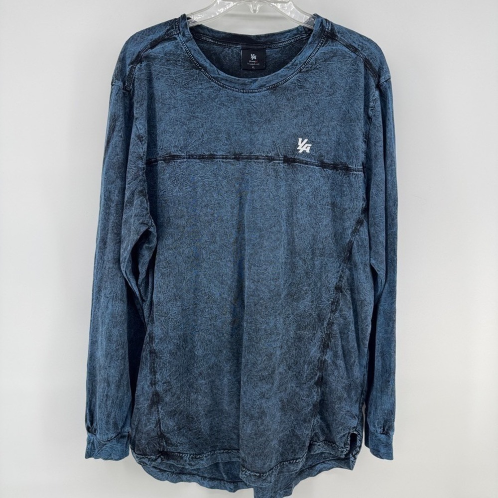 YoungLA Long Sleeve Shirt Mens XL Blue Raglan Curved Hem Distressed Look